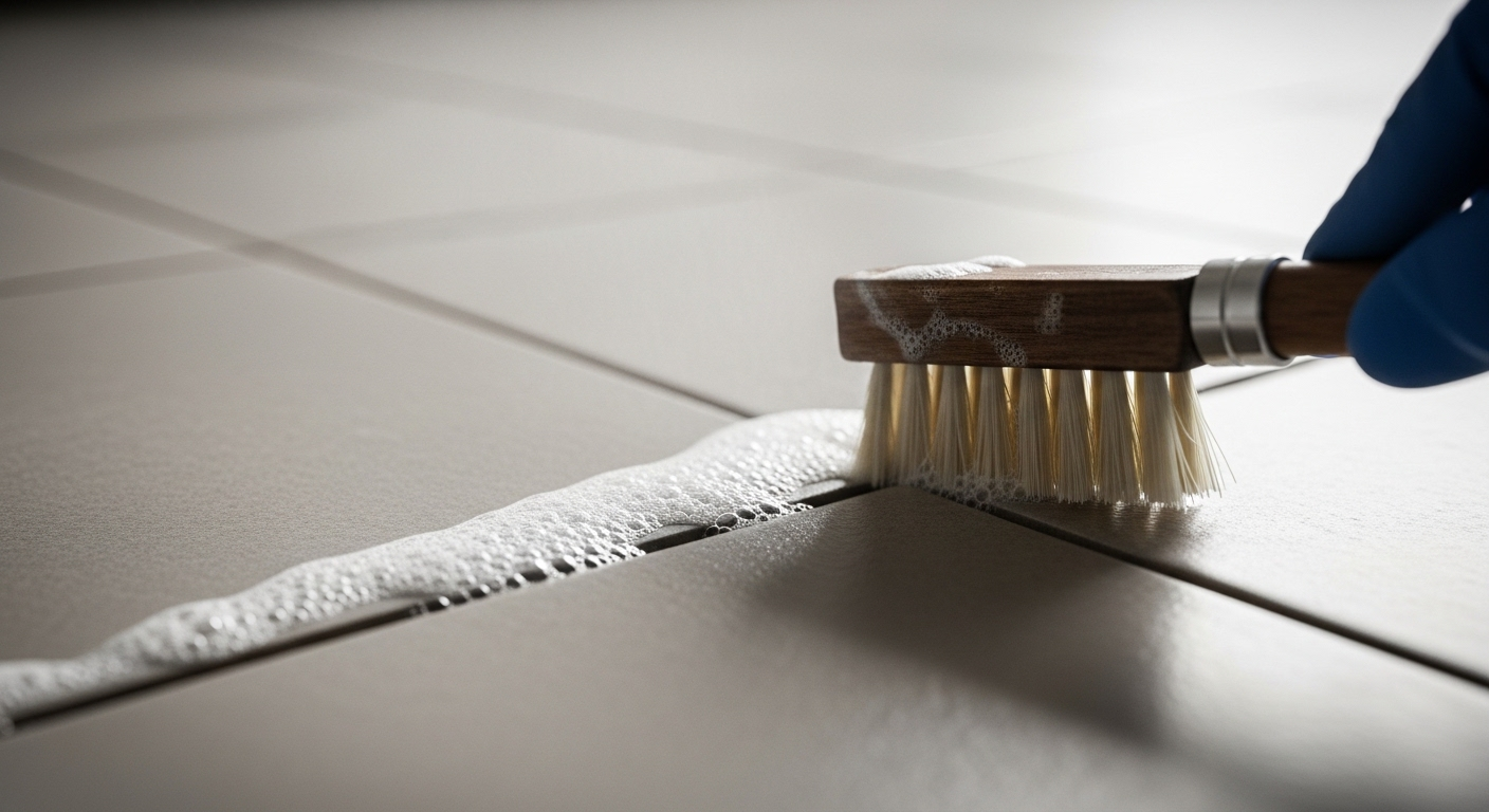 Bàn chải nhỏ tỉ mỉ chà sạch kẽ gạch men màu xám nhạt bằng dung dịch vệ sinh, giúp lau sàn nhà sạch hiệu quả.