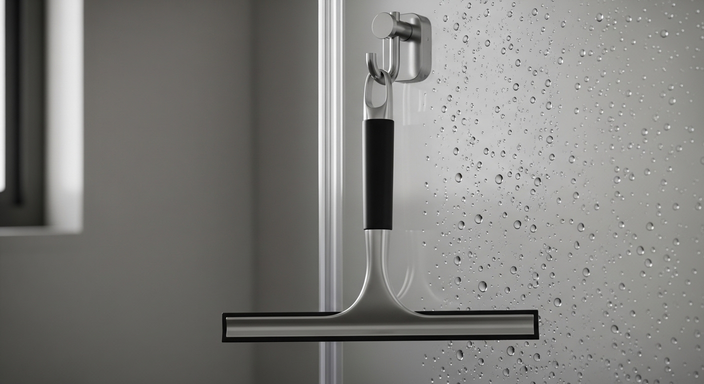 Cây gạt kính hiện đại treo trong vách kính nhà tắm với những giọt nước, gợi ý cách làm sạch kính nhà tắm hiệu quả.
