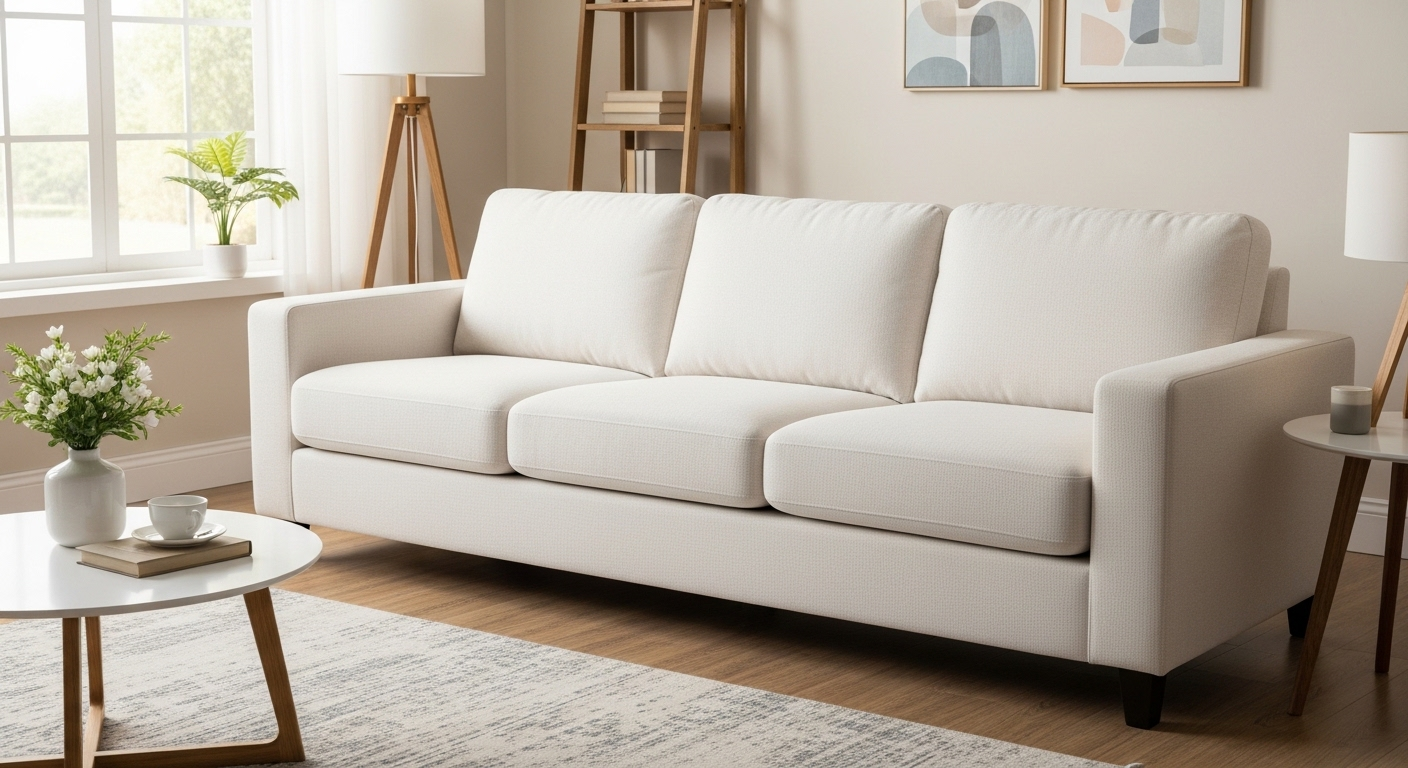 Ghế sofa vải màu sáng sạch tinh tươm, đệm căng mịn trong phòng khách sáng bừng, cho thấy kết quả tuyệt vời khi áp dụng cách giặt ghế sofa tại nhà.