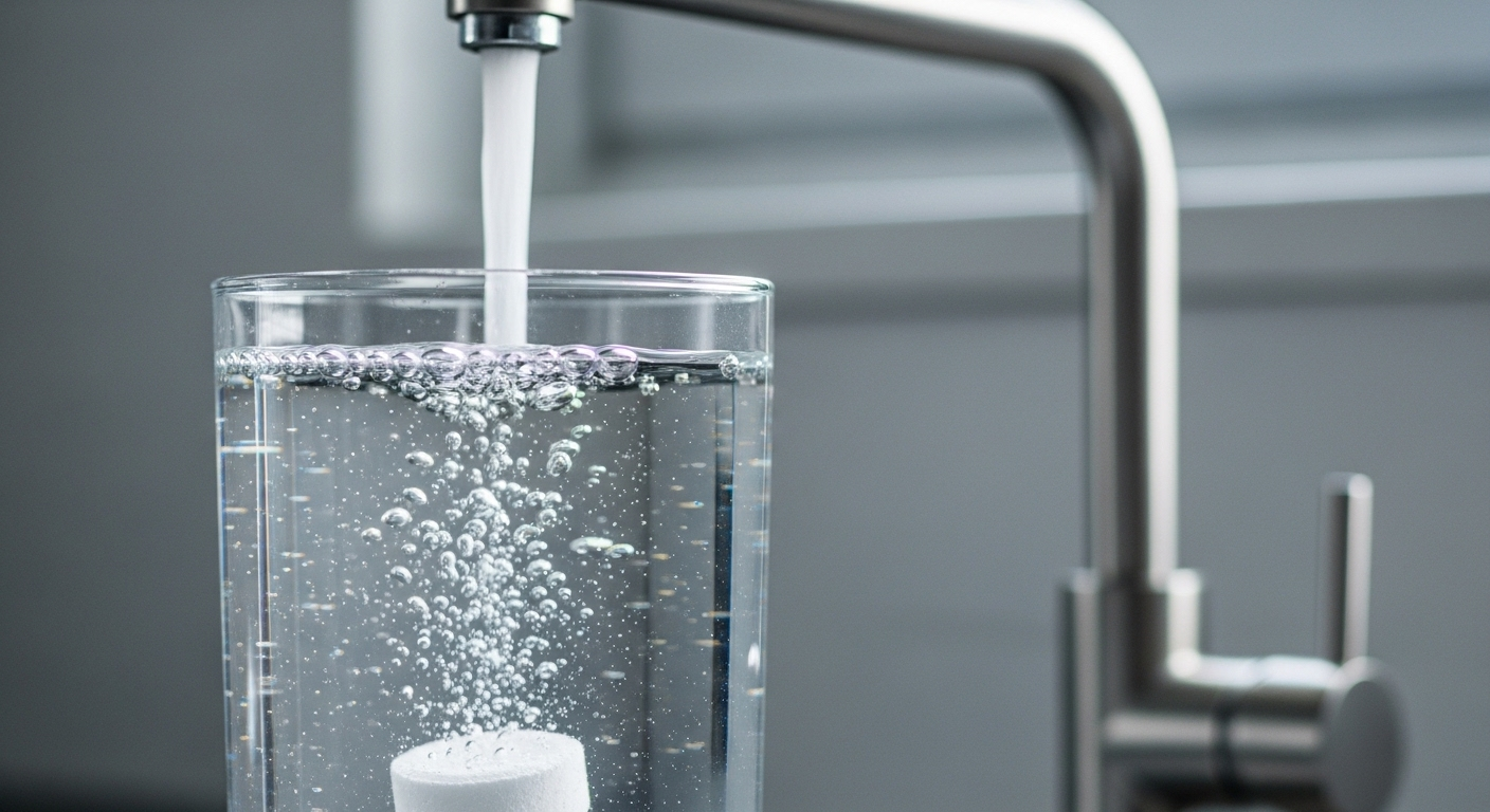 Viên tẩy rửa trắng đang sủi bọt nhẹ nhàng trong nước sạch tinh khiết, gợi ý giải pháp lý tưởng cho cách vệ sinh bồn cầu bị ố vàng.