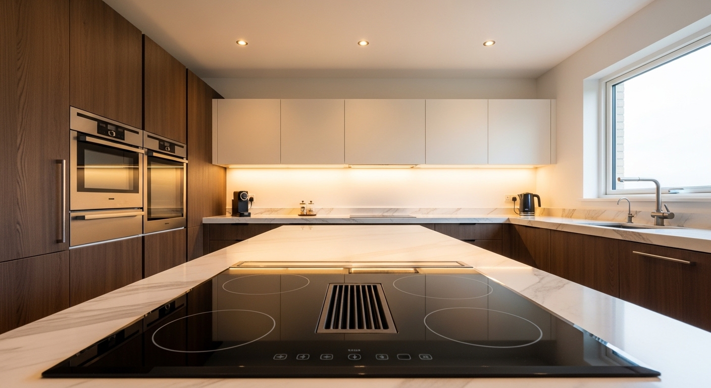 Bếp hồng ngoại đen hiện đại, sạch bóng tích hợp trên mặt đá sang trọng, phù hợp tìm hiểu về giá bếp hồng ngoại.