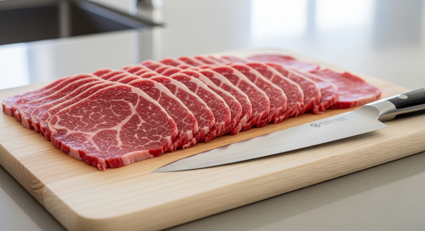 Thịt bò tươi thái lát mỏng đều trên thớt gỗ sạch cạnh dao bếp sắc bén. Học mẹo vặt nhà bếp để sơ chế nguyên liệu chuyên nghiệp!