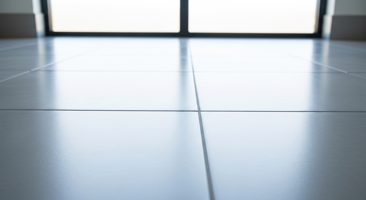 Nền nhà tắm gạch xám sáng bóng, sạch tinh tươm với đường ron trắng sạch phản chiếu ánh sáng, minh chứng cho hiệu quả của cách làm sạch nền nhà tắm.