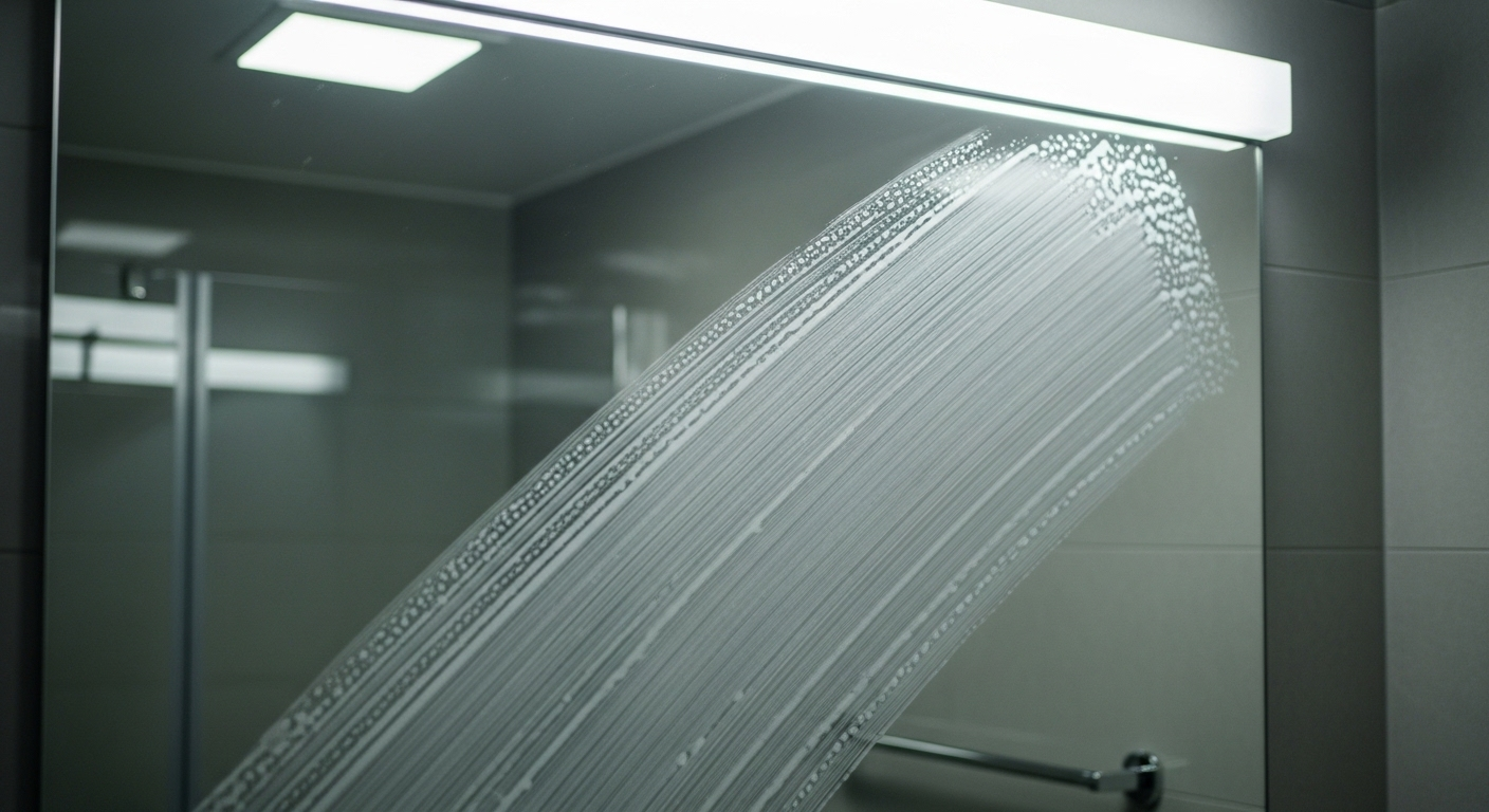 Gương nhà tắm sáng bóng với vệt gạt nước rõ nét, đối lập phần gương còn hơi ẩm, minh họa cách làm sạch gương nhà tắm hiệu quả.