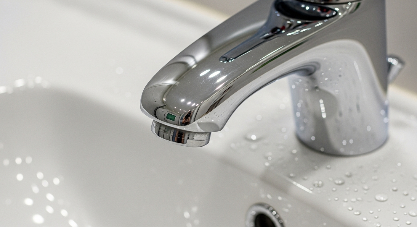 Cận cảnh vòi nước chrome sáng bóng và bồn rửa mặt sứ trắng tinh, sạch bong với những giọt nước lấp lánh. Hình ảnh hoàn hảo minh họa kết quả của cách tẩy trắng bồn rửa mặt hiệu quả.