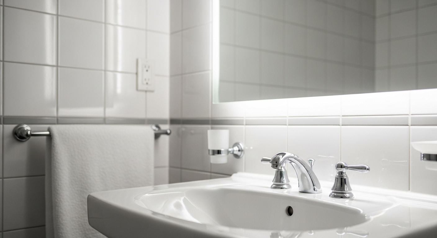 Phòng tắm trắng tinh tươm với bồn rửa, gương và các thiết bị mạ chrome sáng bóng, thể hiện sự sạch sẽ lý tưởng khi thuê vệ sinh nhà đón tết.