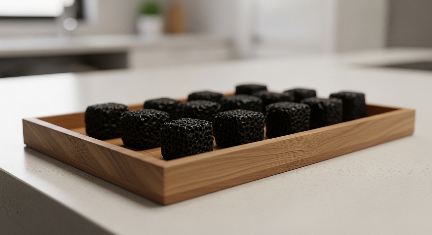 Mảnh than hoạt tính đen xốp đặt gọn trong khay gỗ trên mặt bàn phòng mới, một cách khử mùi sơn nhà mới tự nhiên và hiệu quả.