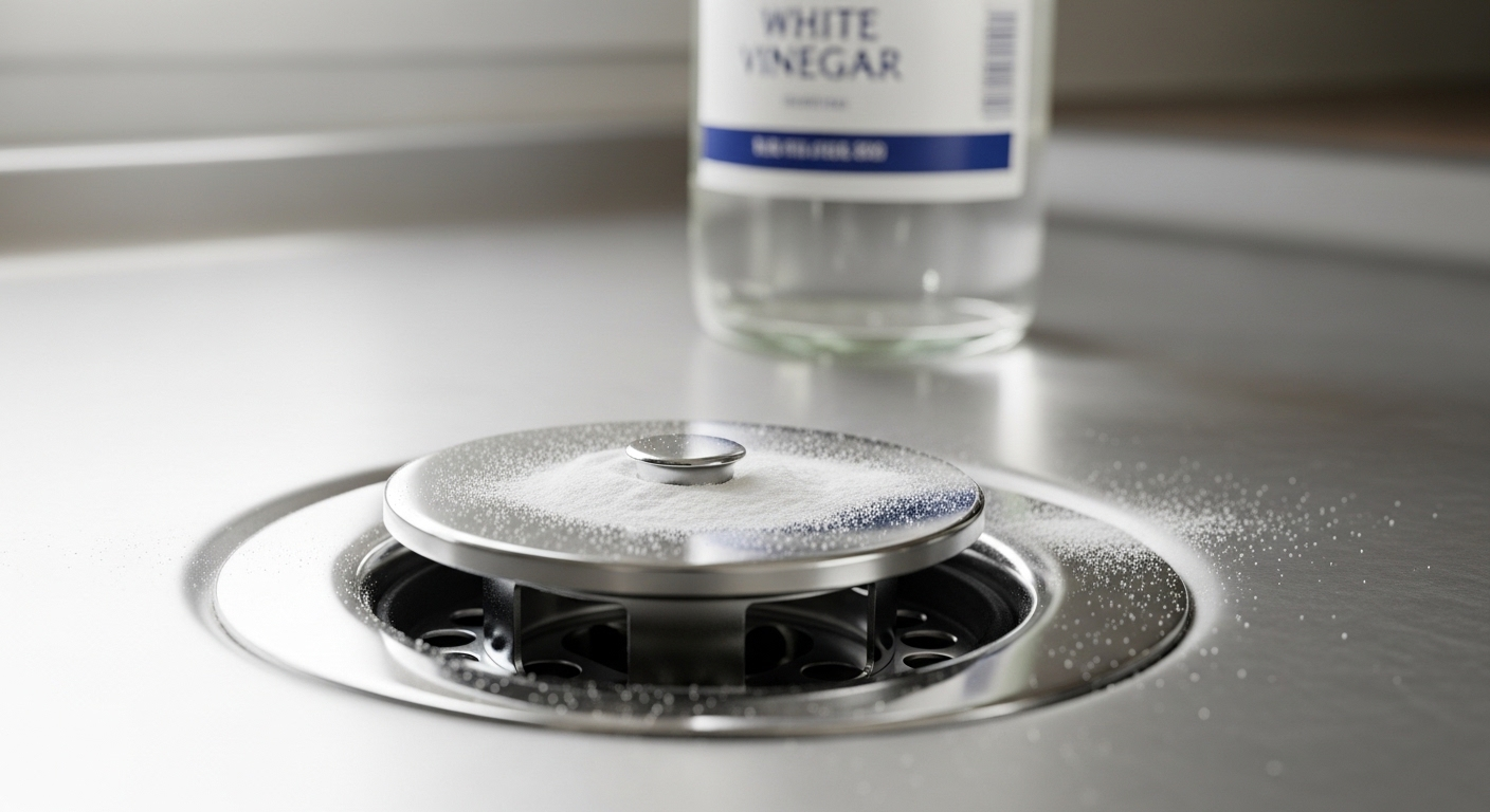 Cận cảnh ống thoát nước bồn rửa chén sạch sẽ với baking soda và giấm trắng, minh họa cách khử mùi hôi trong nhà hiệu quả bằng nguyên liệu tự nhiên. Cận cảnh ống thoát nước bồn rửa chén sạch sẽ với baking soda và giấm trắng, minh họa cách khử mùi hôi trong nhà hiệu quả bằng nguyên liệu tự nhiên.