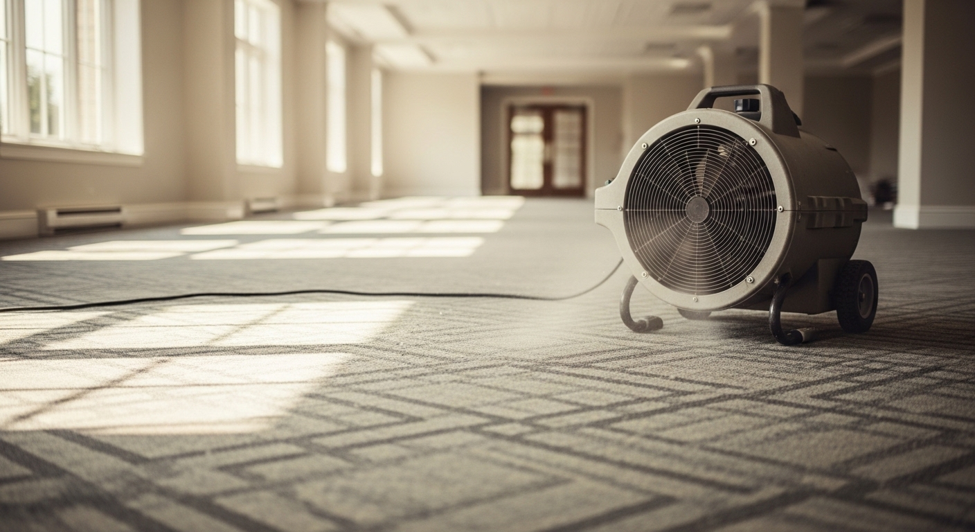 Quạt thổi khô công nghiệp làm khô thảm vừa giặt sạch, thể hiện quy trình chuyên nghiệp của dịch vụ giặt thảm tại nhà.