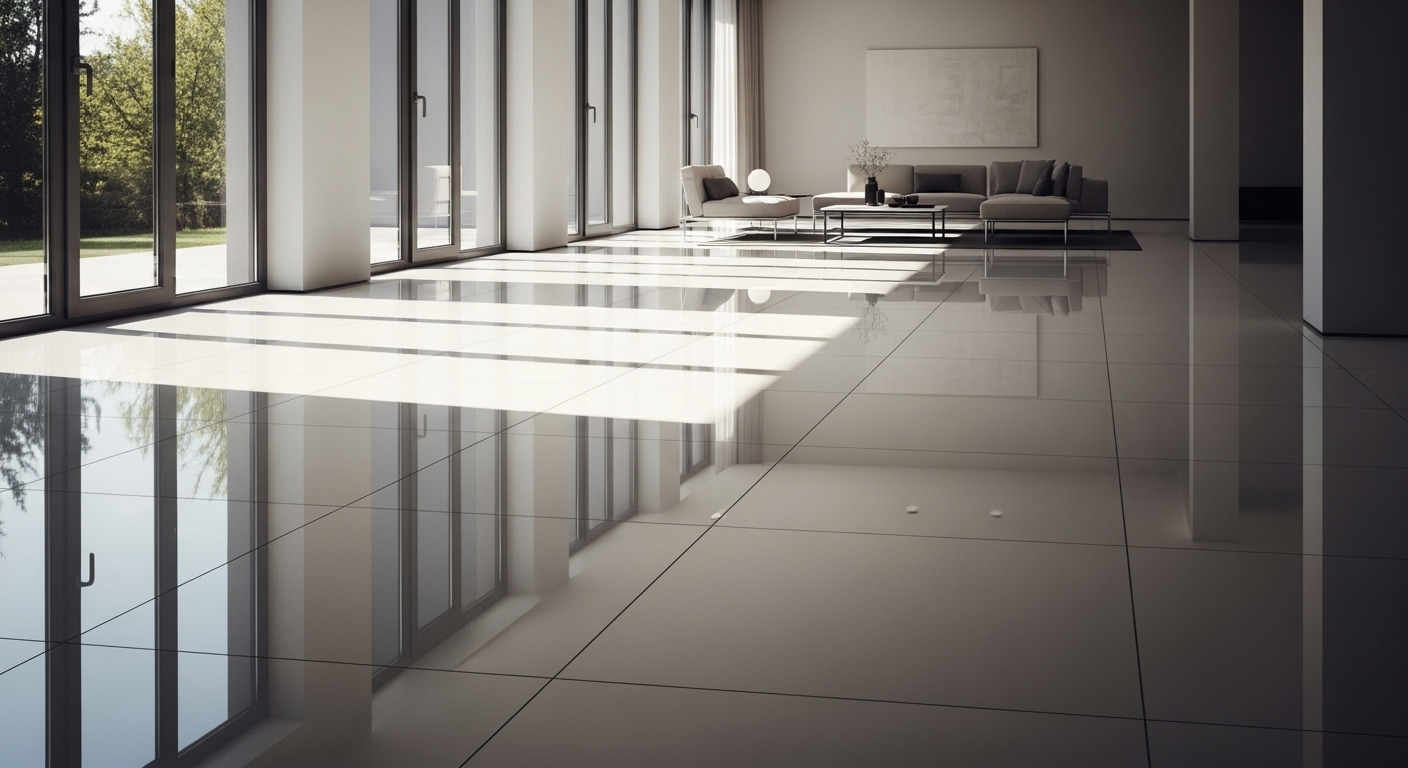 Sàn gạch sứ sạch bóng loáng, phản chiếu ánh nắng trong phòng khách hiện đại, minh họa cách lau nhà sạch bóng hiệu quả. Sàn gạch sứ sạch bóng loáng, phản chiếu ánh nắng trong phòng khách hiện đại, minh họa cách lau nhà sạch bóng hiệu quả.