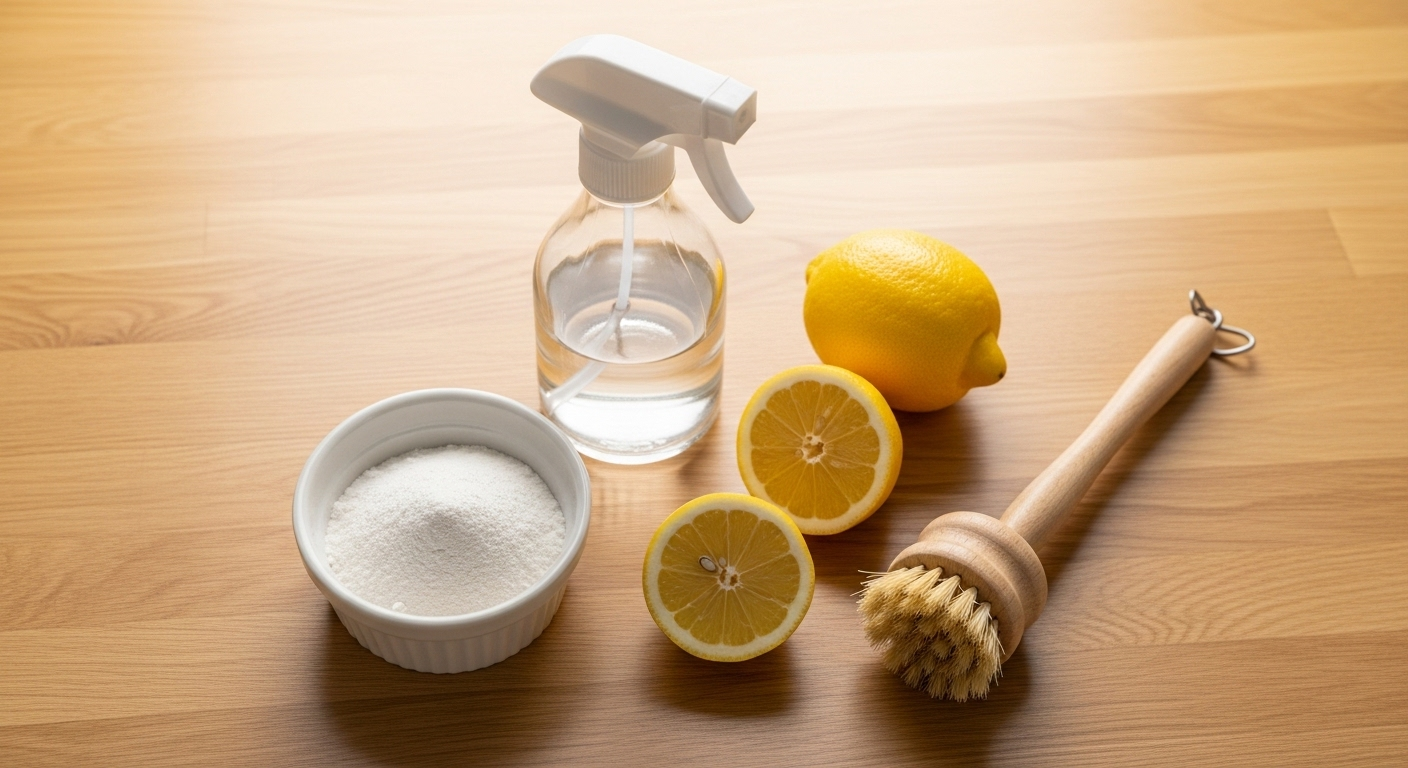 baking soda, giấm, chanh, cọ trên đảo bếp gỗ để vệ sinh nhà bếp hiệu quả.