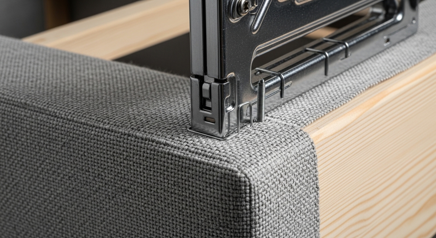 Cận cảnh quy trình ghim vải mới chắc chắn vào khung gỗ, minh họa chi tiết một bước quan trọng trong cách bọc ghế sofa.