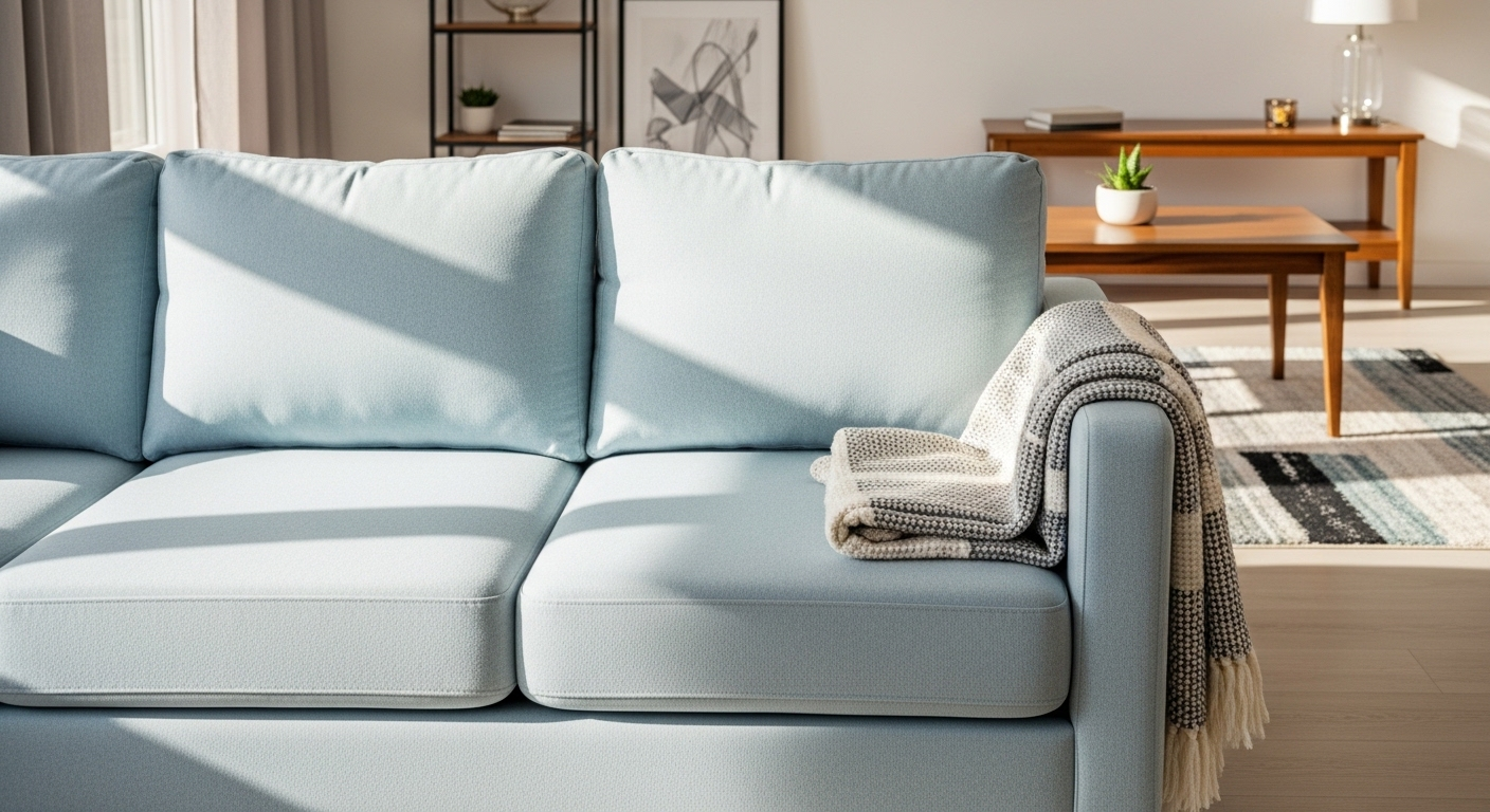 Ghế sofa nỉ màu xanh nhạt tinh tươm, mềm mại trong phòng khách hiện đại dưới ánh nắng ấm, minh chứng cho hiệu quả của cách giặt ghế sofa nỉ tại nhà.