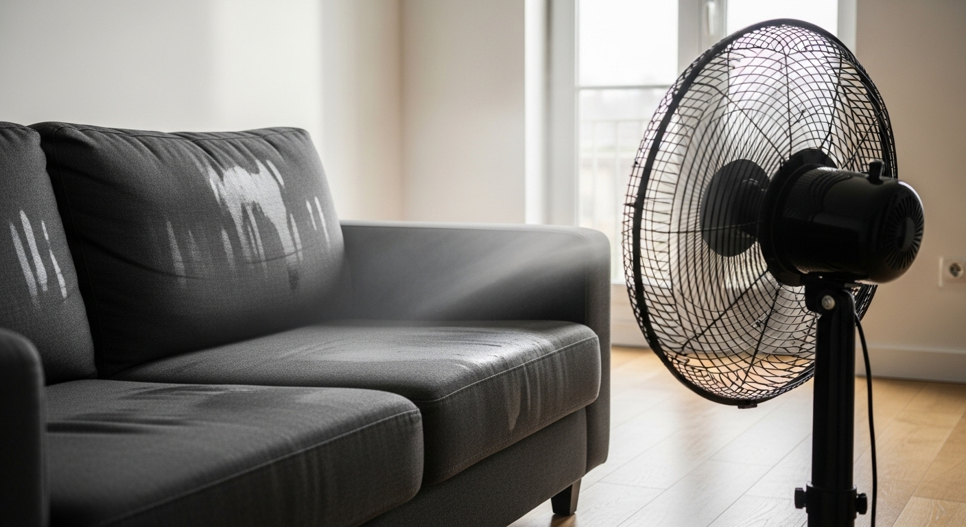 Ghế sofa vải màu xám đậm có vết ẩm đang được quạt sàn lớn làm khô. Đây là một bước quan trọng trong cách giặt ghế sofa vải đúng cách để đảm bảo độ bền và sạch sẽ.