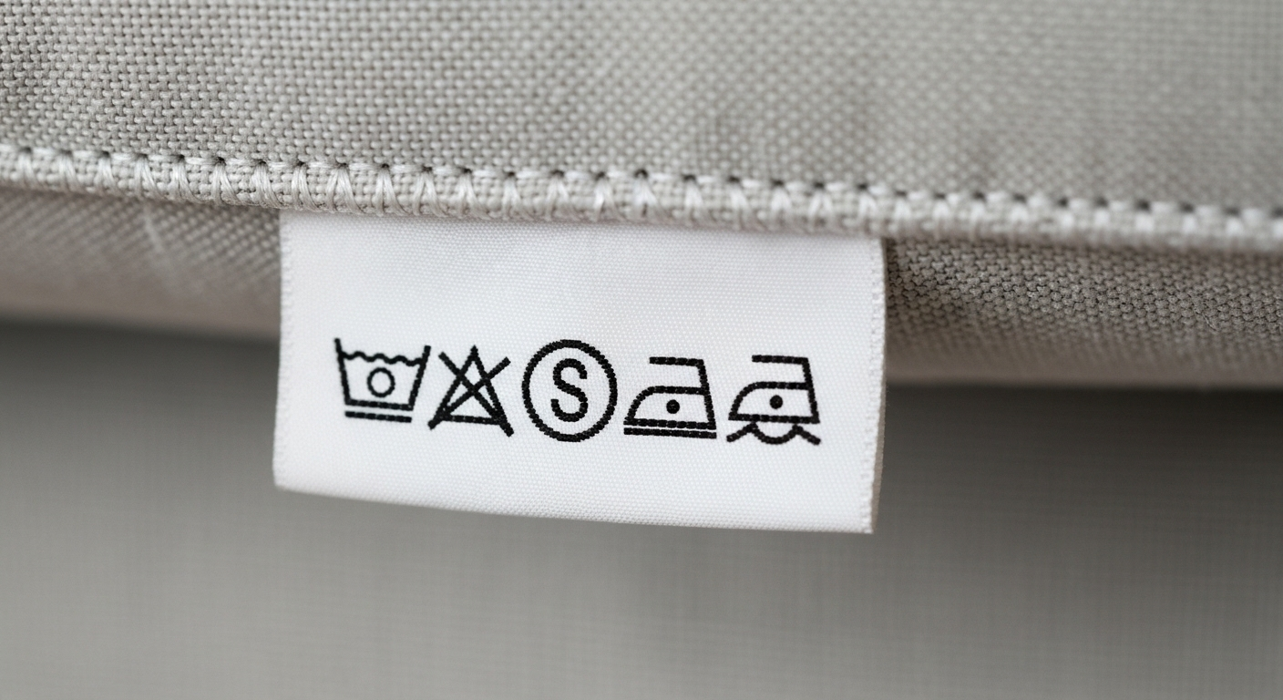 Cận cảnh nhãn mác dưới đệm ghế sofa vải hiển thị ký hiệu 'S' (giặt khô), hướng dẫn chi tiết cách giặt khô ghế sofa tại nhà an toàn và hiệu quả.