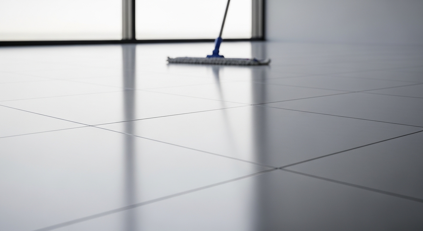 Sàn gạch sứ màu xám sạch bóng, phản chiếu ánh sáng tự nhiên, không tì vết, minh chứng cho hiệu quả của cách tẩy xi măng trắng trên nền gạch thành công.