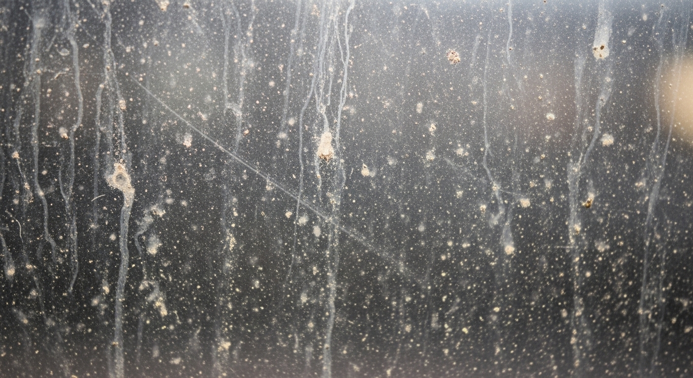 Hình ảnh cận cảnh cửa kính mờ đục vì bụi bẩn và vết ố nước khô, minh họa tình trạng cần cách lau cửa kính nhanh và sạch.