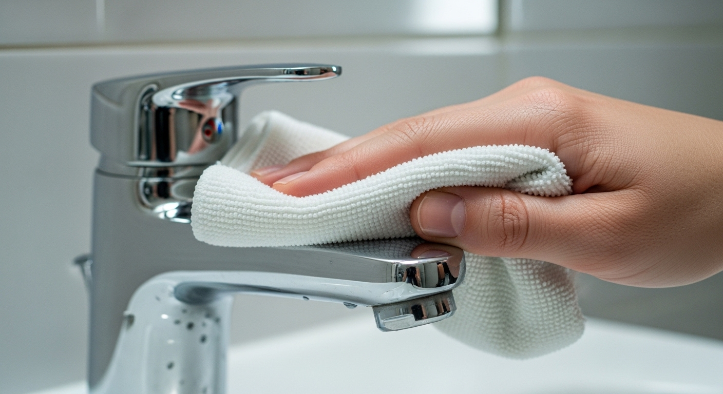 Bàn tay dùng khăn microfiber lau sạch vòi nước mạ crôm sáng bóng, duy trì vệ sinh và tẩy cặn canxi định kỳ trong phòng tắm.