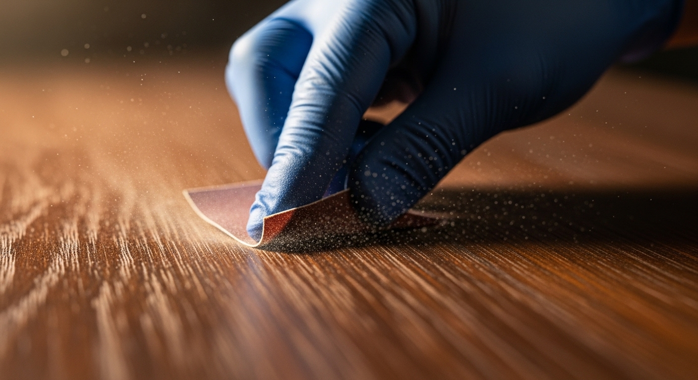 Cận cảnh tay đeo găng dùng giấy nhám mịn tẩy lớp sơn PU trên bề mặt gỗ, tạo vệt bụi mờ và làm nổi bật vân gỗ. Đây là một bước quan trọng trong cách tẩy sơn PU trên gỗ hiệu quả. Cận cảnh tay đeo găng dùng giấy nhám mịn tẩy lớp sơn PU trên bề mặt gỗ, tạo vệt bụi mờ và làm nổi bật vân gỗ. Đây là một bước quan trọng trong cách tẩy sơn PU trên gỗ hiệu quả.