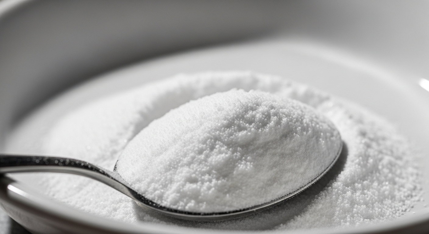 Cận cảnh bột baking soda trắng mịn trên bề mặt sứ, nổi bật kết cấu tinh thể, lý tưởng cho vệ sinh nhà bếp.