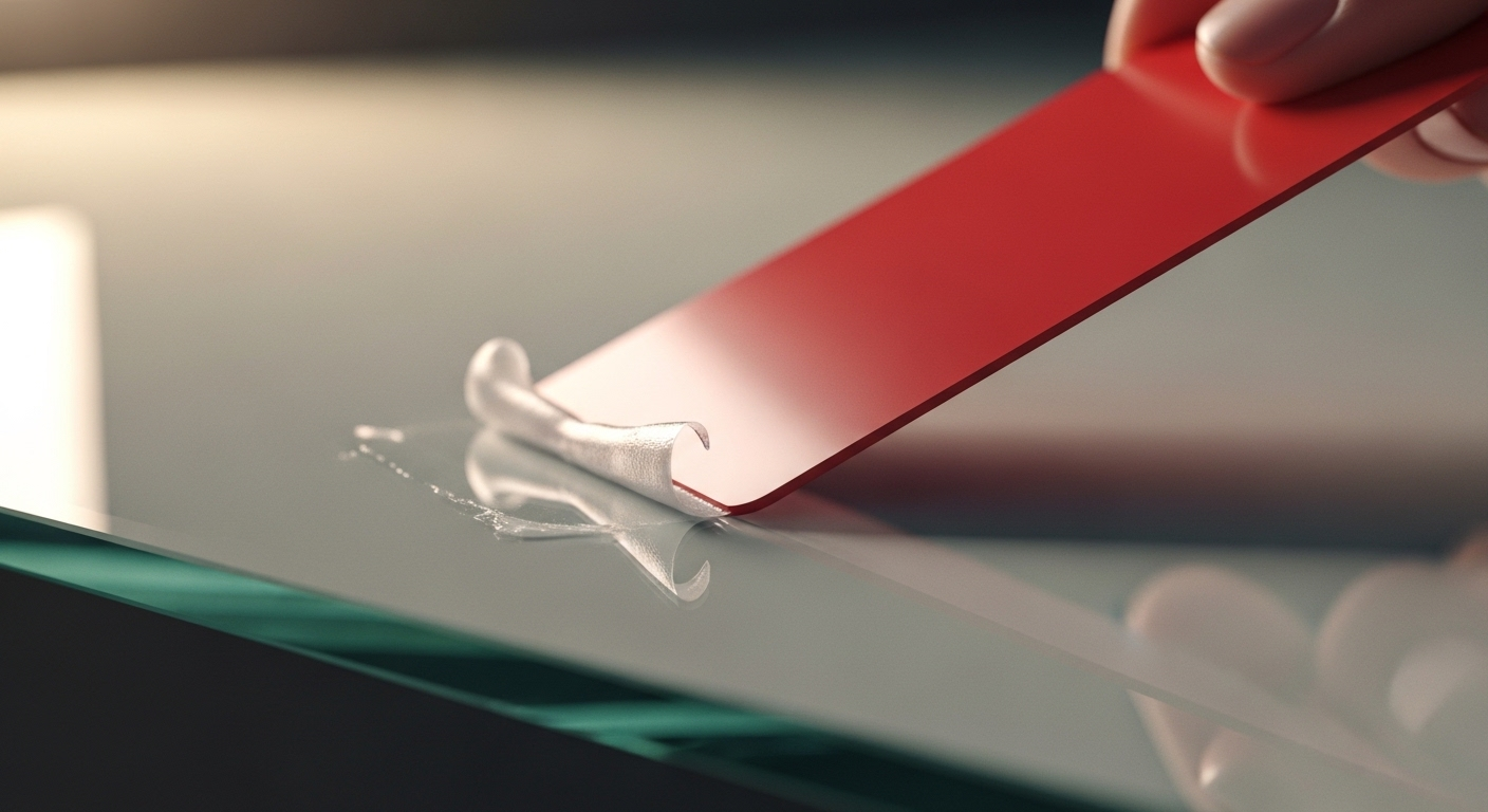Thẻ nhựa đỏ đang nhẹ nhàng cạo lớp keo mềm còn sót lại trên bề mặt bàn kính phẳng, minh họa cách chùi keo sau khi bóc decal hiệu quả và không làm trầy xước.