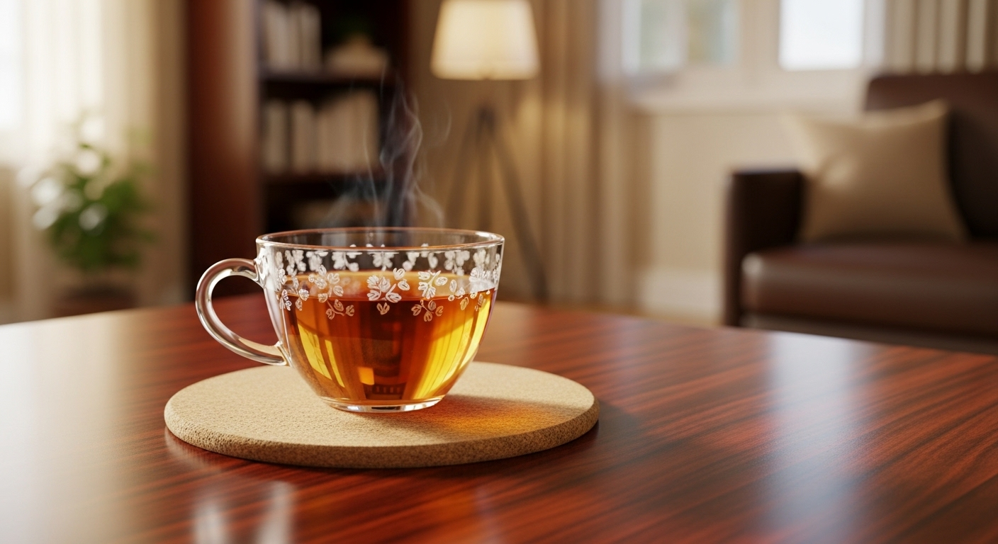 Tách trà ấm trên đế lót ly bần trên bàn gỗ tối màu, hình ảnh nhấn mạnh việc phòng ngừa vết bẩn. Việc phòng ngừa này giúp tránh phải tìm cách tẩy vết nước chè trên sàn nhà hay đồ nội thất.