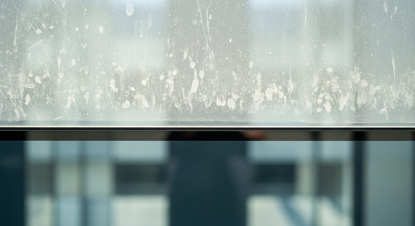 Cửa sổ kính nhà mới xây với nửa trên bám bụi công trình và nửa dưới đã được làm sạch, thể hiện rõ hiệu quả của dịch vụ vệ sinh nhà mới xây quận 11.