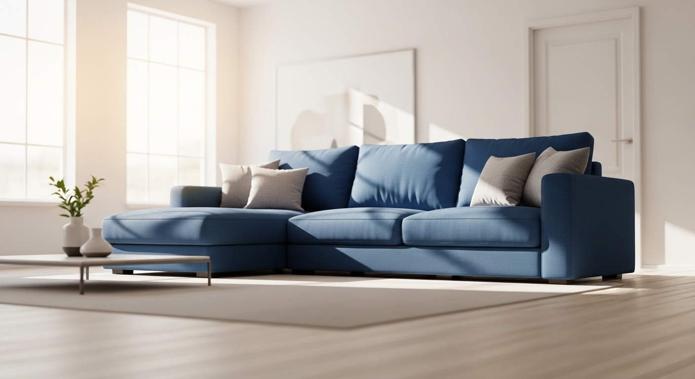 Sofa vải xanh dương đậm sạch tinh tươm, đệm êm ái trong phòng khách tối giản ngập ánh sáng tự nhiên, gợi cảm giác tươi mới sau khi giặt sofa tại nhà quận 7.