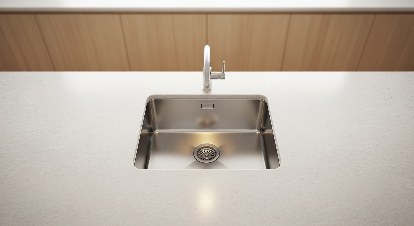 Mặt bàn bếp đá sáng, bồn rửa inox bóng loáng với tủ gỗ mờ phía sau, cho thấy sự sạch sẽ tuyệt đối sau khi vệ sinh nhà mới xây xong.