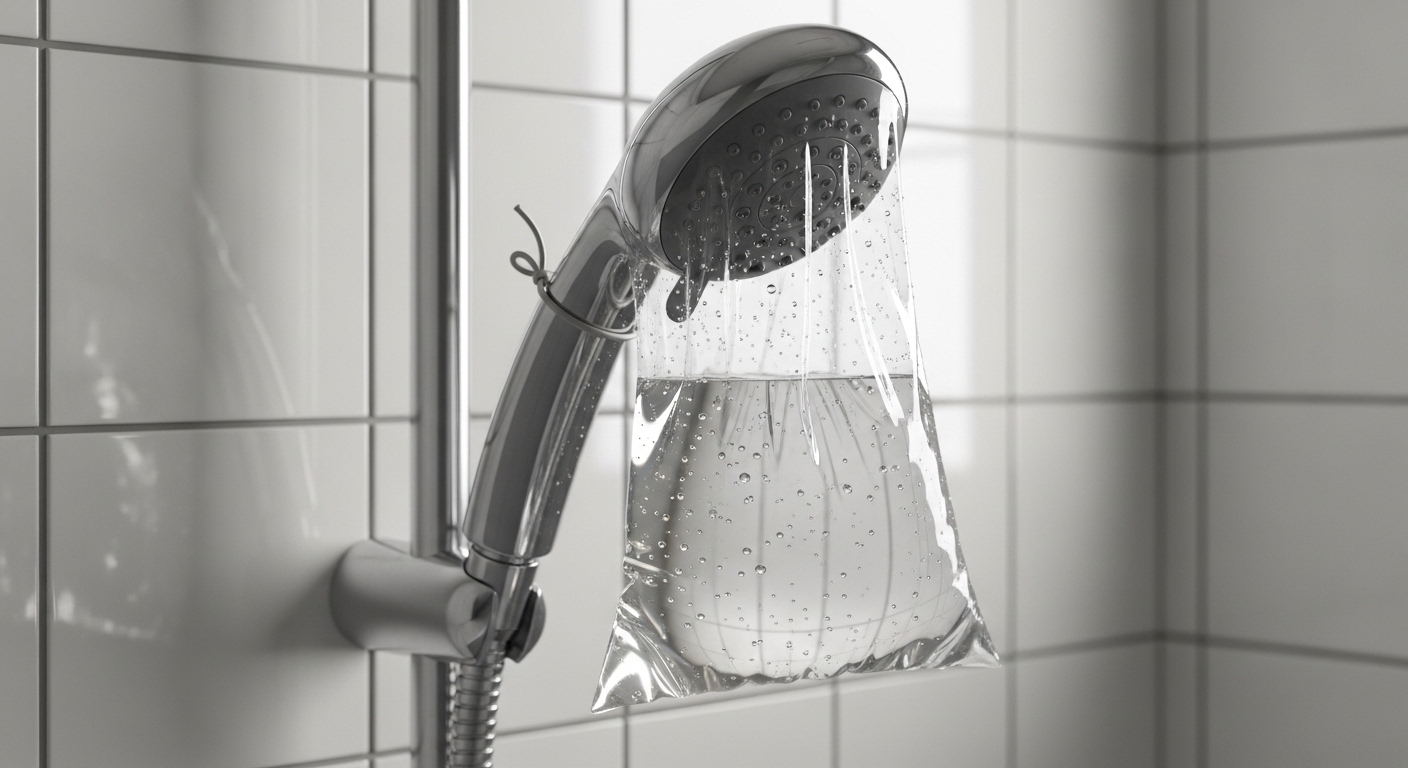 Vòi sen mạ crom ngâm trong túi giấm để tẩy cặn, minh họa cách làm sạch nhà tắm nhà vệ sinh hiệu quả và an toàn cho thiết bị phòng tắm.