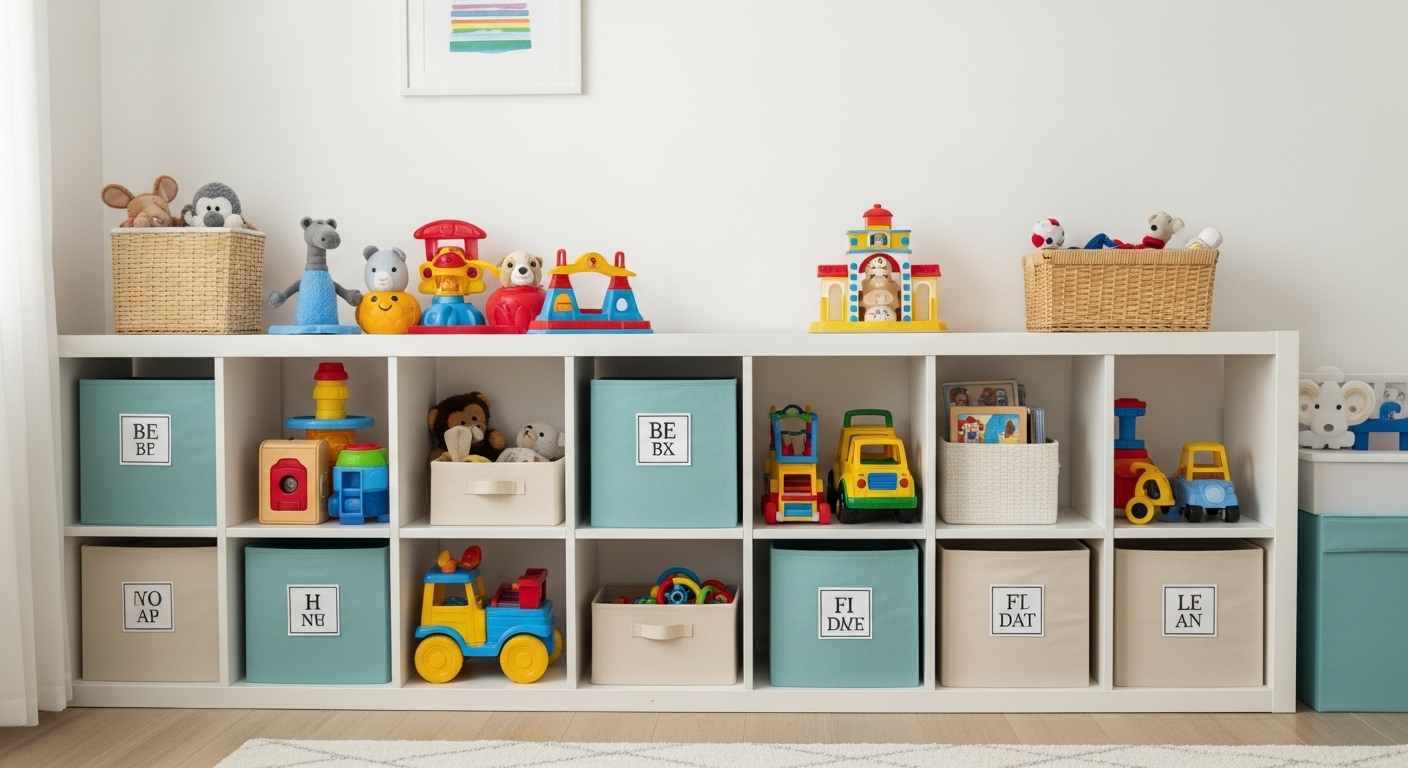 Phòng chơi trẻ em sáng sủa, đồ chơi đầy màu sắc sắp xếp gọn gàng trong các thùng dán nhãn, thể hiện hiệu quả của checklist vệ sinh hàng ngày.