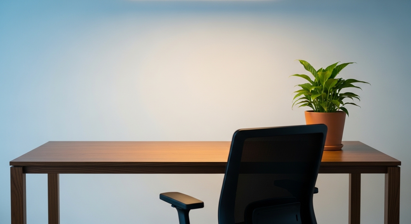 Bàn làm việc gỗ nâu sẫm tối giản với cây xanh và ghế công thái học đen trên nền tường xanh nhạt. Cách bố trí bàn làm việc theo phong thủy này tạo không gian yên tĩnh, tập trung.