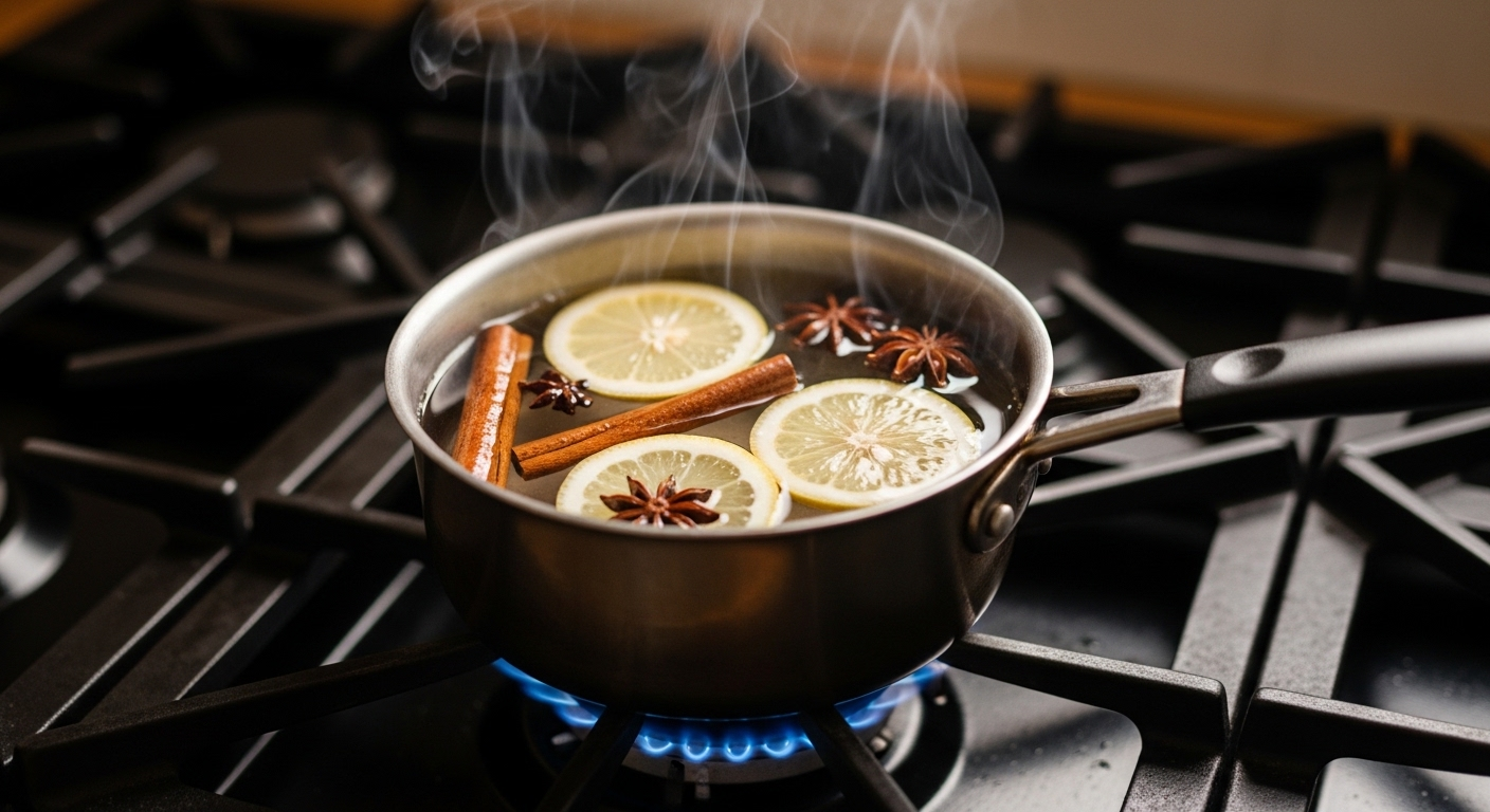 Nồi nước chanh, quế, hồi đang sôi nhẹ trên bếp, minh họa mẹo vặt làm sạch bếp giúp khử mùi tự nhiên hiệu quả.