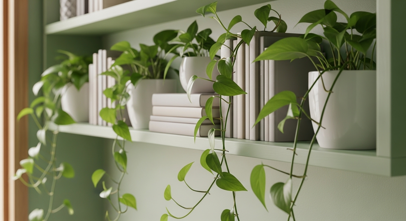 Kệ treo tường màu xanh lá nhạt êm dịu, trang trí những chậu cây trầu bà xanh tươi rủ nhẹ và sách được xếp gọn gàng, tạo không gian lý tưởng cho bố trí phòng làm việc theo phong thủy.