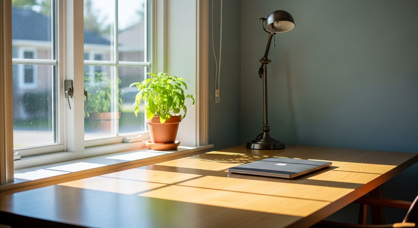 Ảnh phong thủy bàn làm việc lý tưởng với bàn tối giản cạnh cửa sổ lớn tràn ngập ánh sáng tự nhiên, tường xanh ngọc dịu mát và cây xanh nhỏ trên bệ cửa sổ.