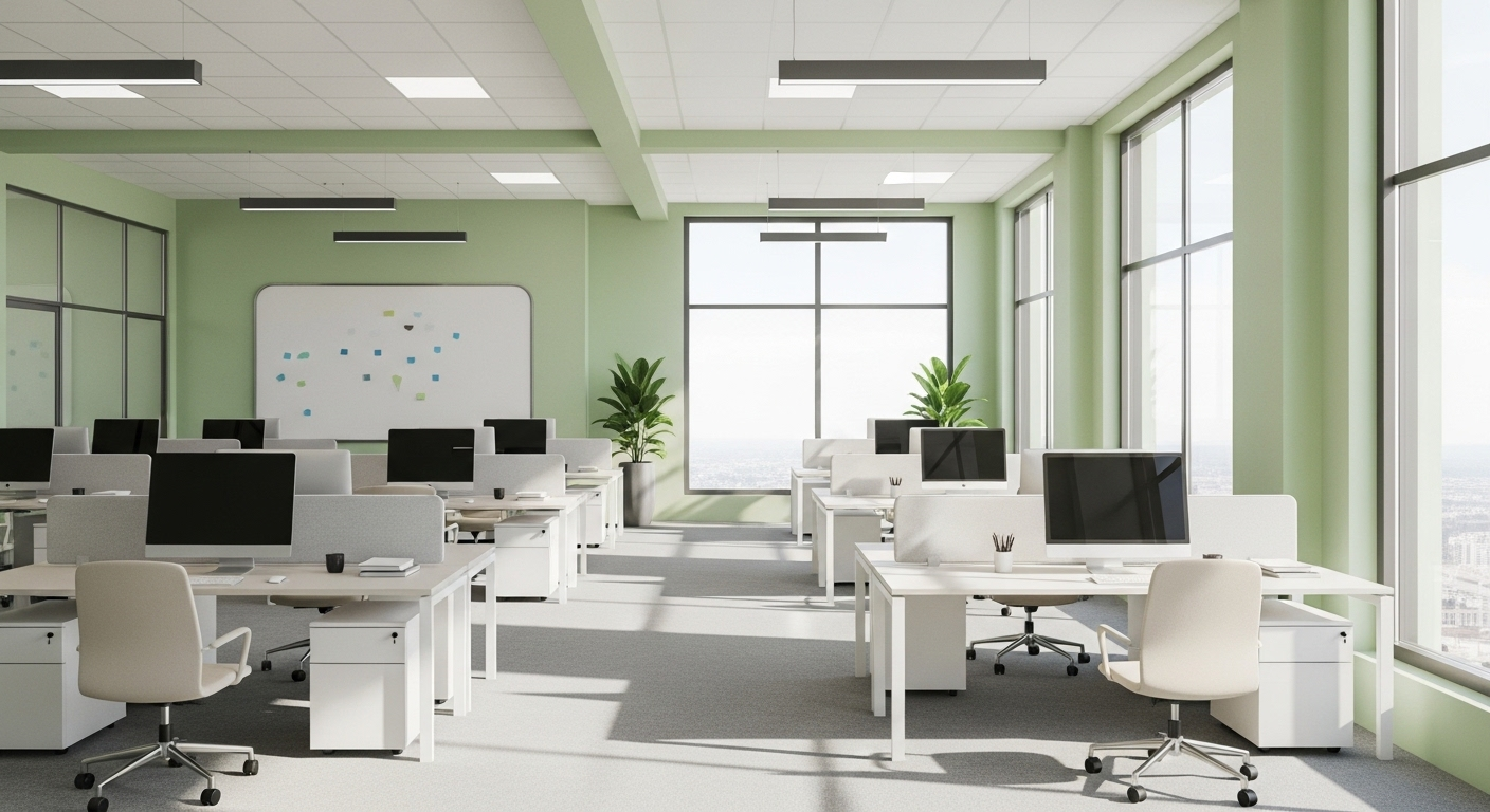 Phòng làm việc hiện đại với tường xanh nhạt, nội thất trắng ngà và ánh sáng tự nhiên, là bố trí phong thủy phòng làm việc tạo không gian bình yên, thông thoáng.