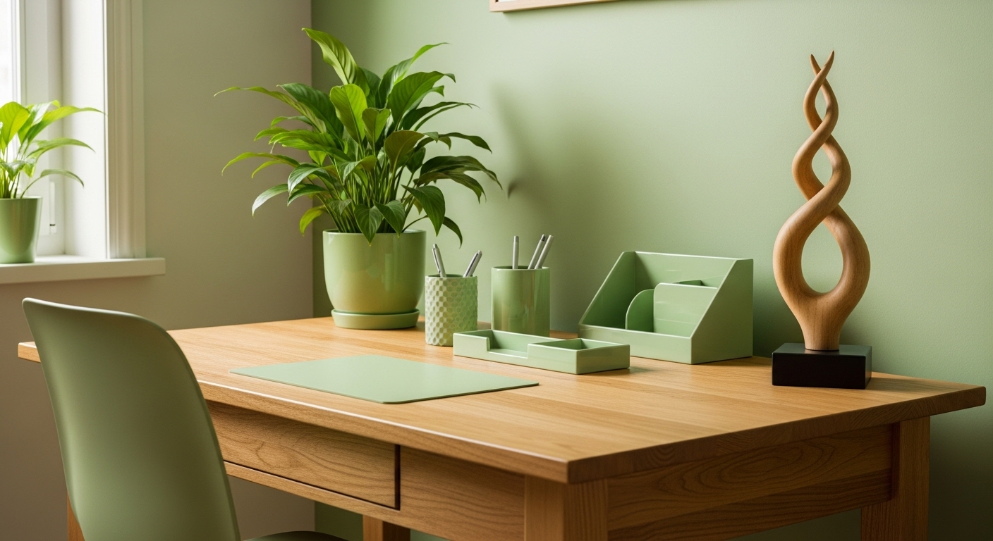 Một góc bàn làm việc gỗ vững chãi thiết kế theo yếu tố Mộc, với cây xanh tươi tốt, phụ kiện và tường màu xanh lá hài hòa. Minh họa lý tưởng về cách đặt bàn làm việc theo phong thủy để tạo không gian tràn đầy năng lượng và cân bằng.