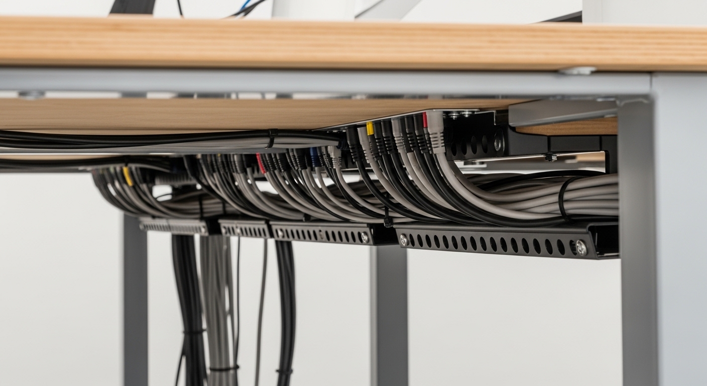 Dưới gầm bàn làm việc văn phòng với dây cáp được quản lý gọn gàng bằng khay và dây buộc, minh họa cách bố trí bàn làm việc văn phòng hiệu quả và ngăn nắp.