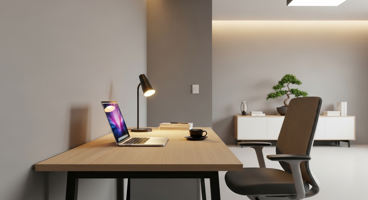 Bàn làm việc gọn gàng tựa tường vững chãi, không gian mở với cây bonsai nhỏ, thiết kế chuẩn phong thủy văn phòng làm việc theo tuổi.