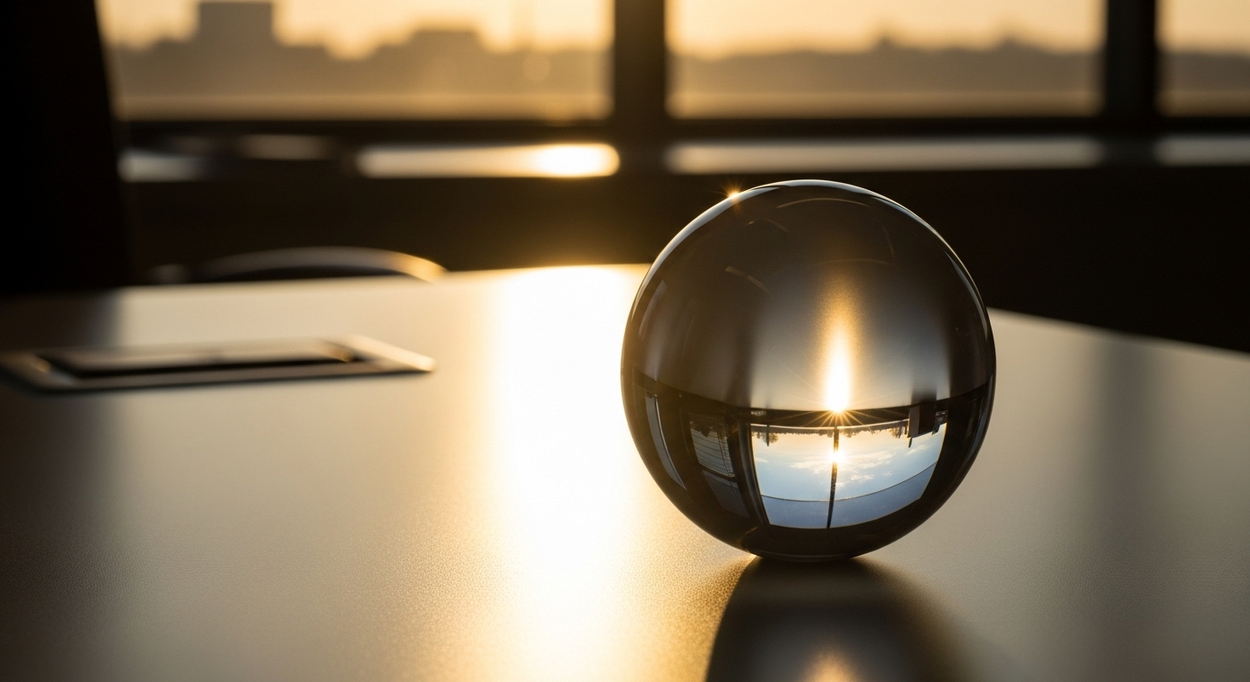 Quả cầu pha lê sáng bóng trên bàn làm việc gọn gàng, màu sáng được chiếu nắng vàng, minh họa cách bài trí bàn làm việc hợp phong thủy.
