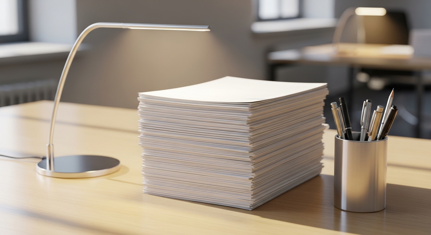 Bàn làm việc văn phòng gọn gàng, ánh sáng tự nhiên và đèn hiện đại, tạo không gian lý tưởng cho phong thủy bàn làm việc văn phòng cho người tuổi Quý Hợi.