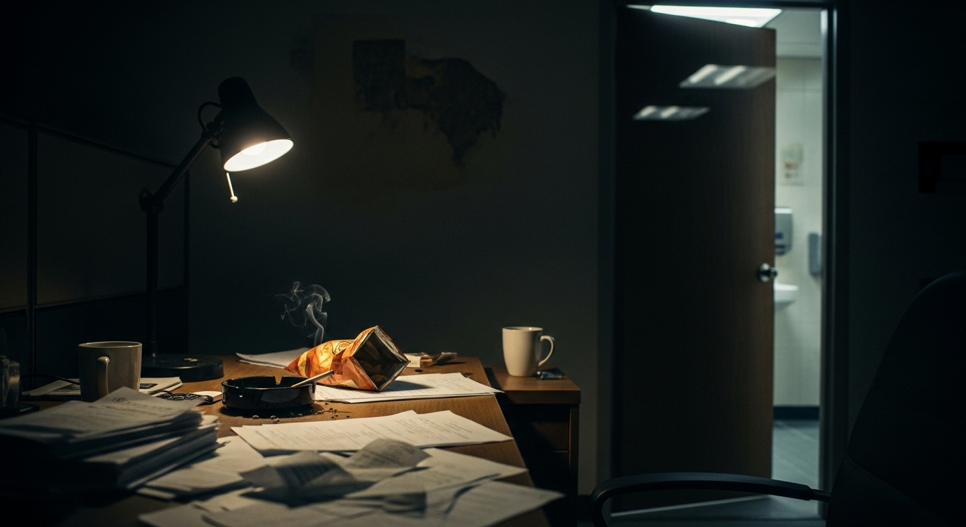 Bàn làm việc tối tăm, bừa bộn, đặt đối diện cửa nhà vệ sinh. Một vị trí không lý tưởng, nhấn mạnh tầm quan trọng của việc xem xét hướng đặt bàn làm việc theo tuổi và phong thủy.