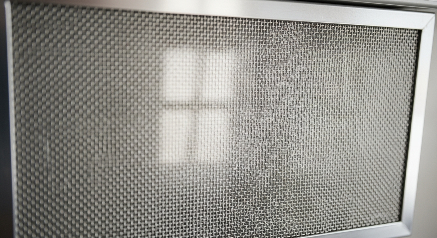 Lưới lọc máy hút mùi kim loại bạc sạch bóng, không dầu mỡ, phản chiếu ánh sáng, sẵn sàng sử dụng. Minh chứng cho việc vệ sinh kỹ lưỡng các thiết bị bếp, tương tự như quy trình vệ sinh lò nướng định kỳ để đảm bảo vệ sinh an toàn thực phẩm.