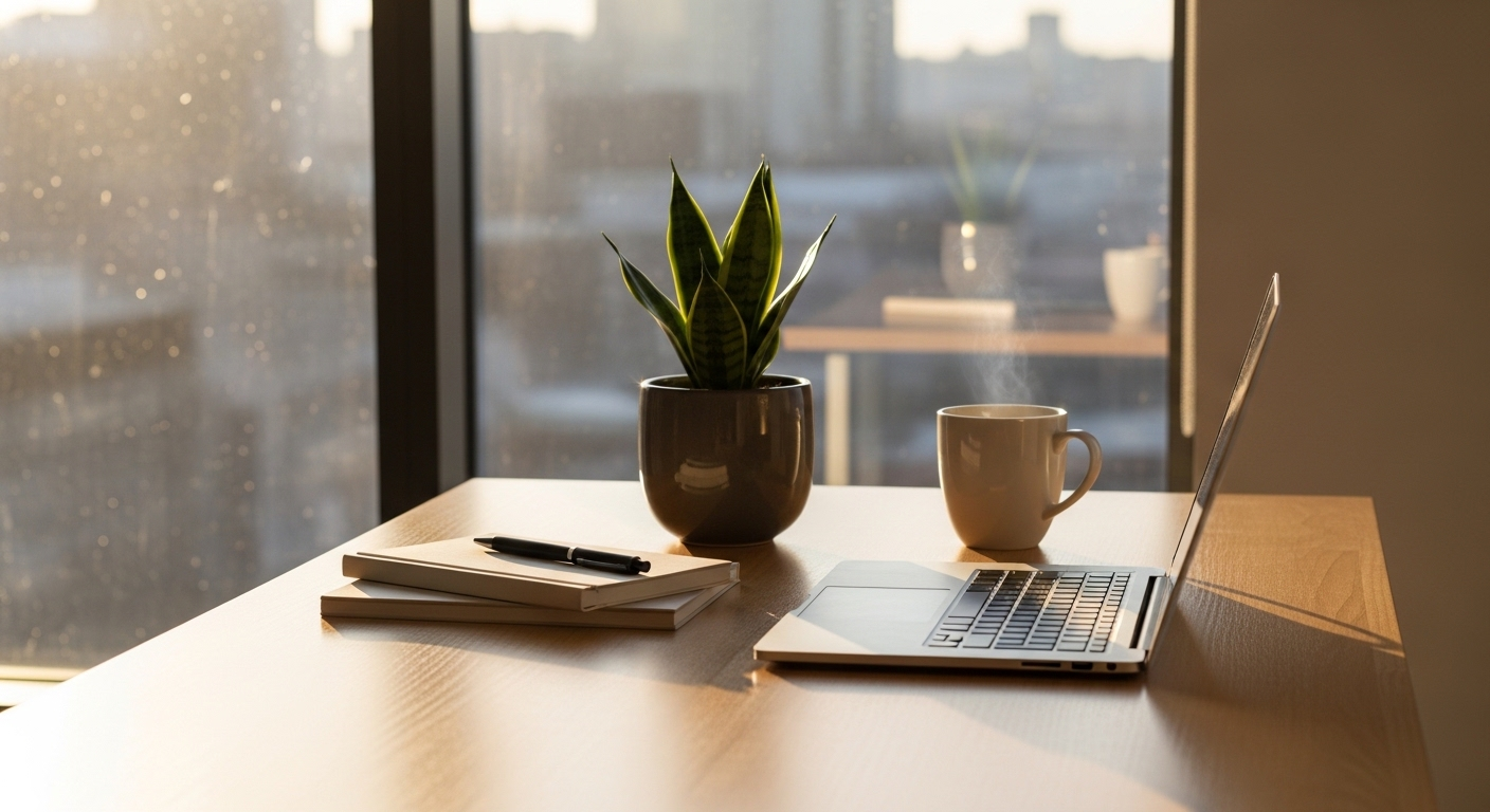 Bàn làm việc gọn gàng, tràn ngập ánh nắng tự nhiên từ cửa sổ lớn, thể hiện một hướng ngồi làm việc theo phong thủy lý tưởng cho sự tập trung và hiệu quả.