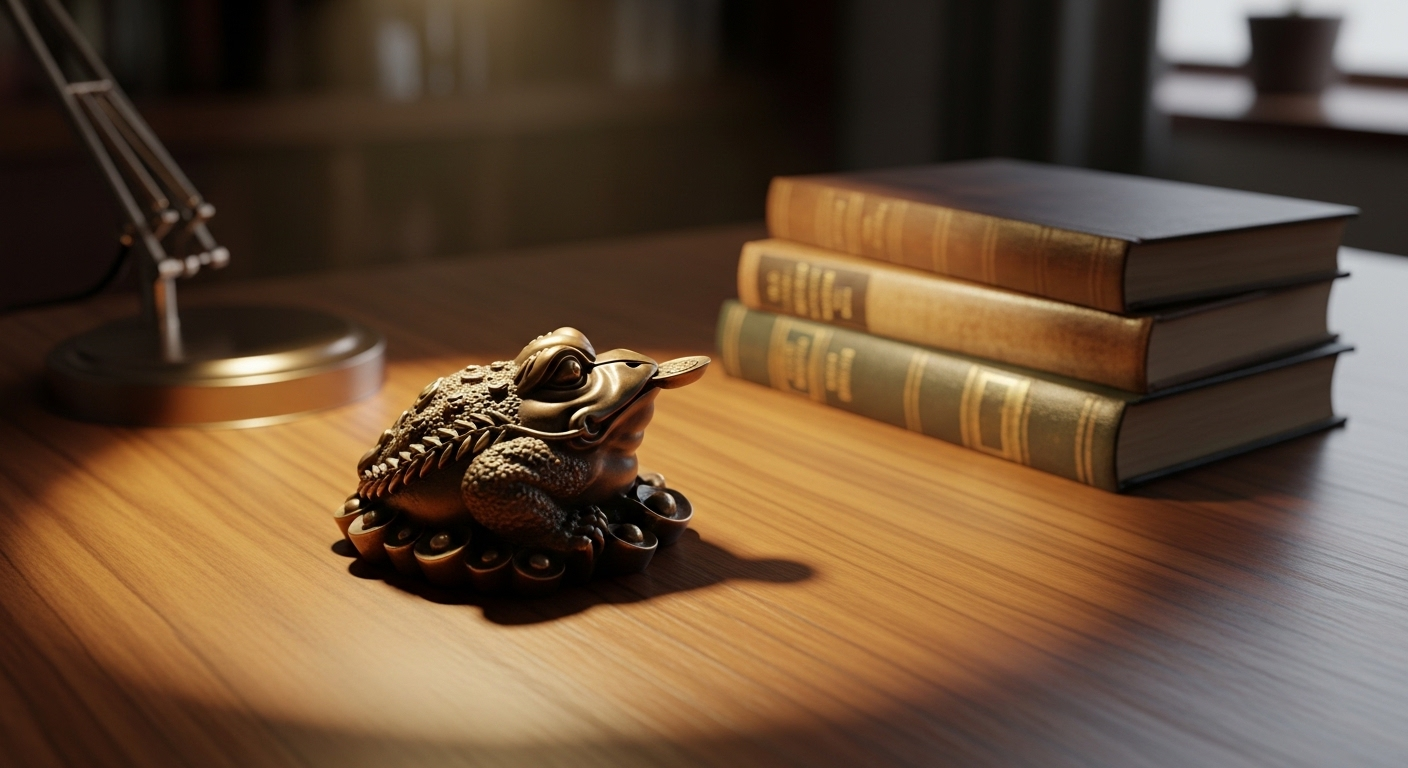 Cóc tài lộc bằng đồng tinh xảo trên bàn làm việc gỗ bóng, cạnh chồng sách và đèn bàn, tạo điểm nhấn phong thủy phòng làm việc sang trọng.