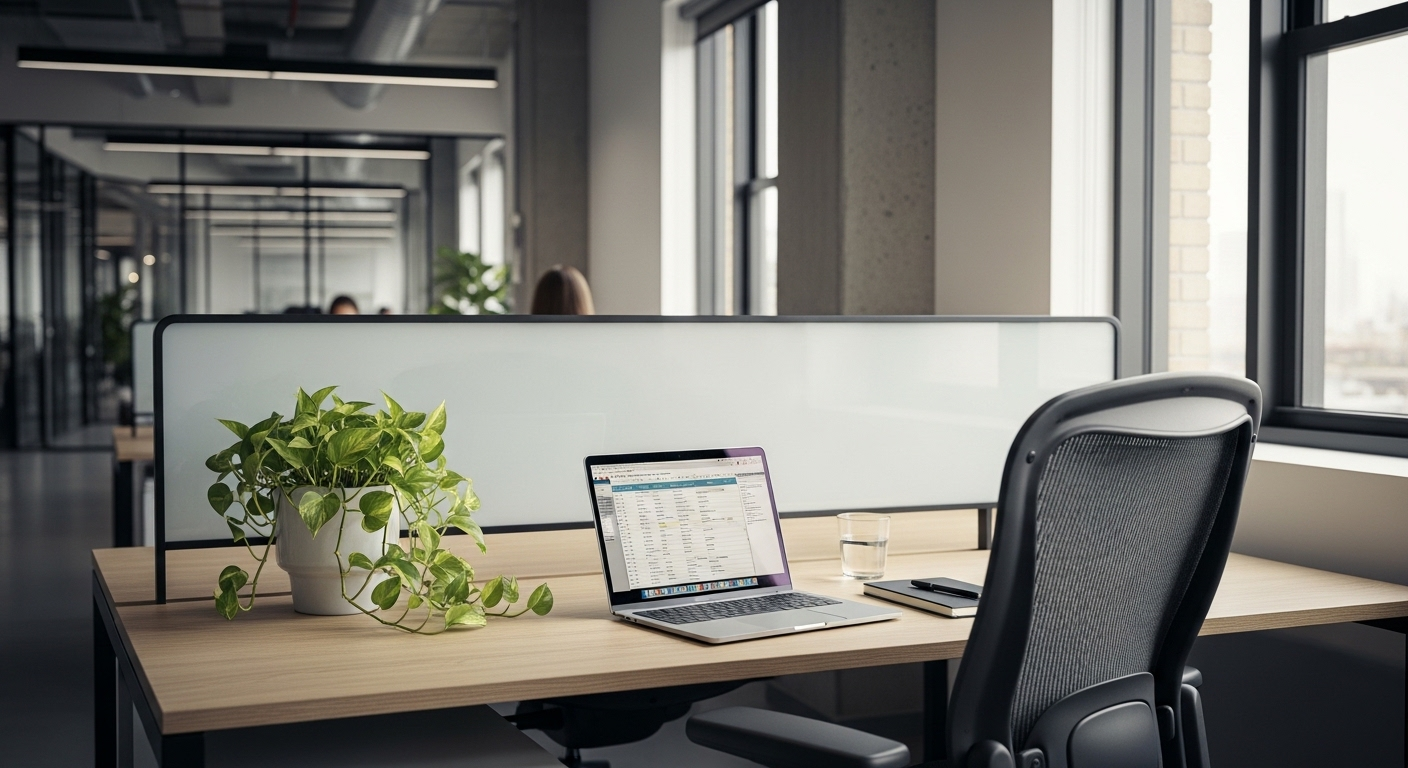 Bàn làm việc gọn gàng với cây trầu bà và vách ngăn riêng tư, bố trí tối ưu theo hướng bàn làm việc theo tuổi.