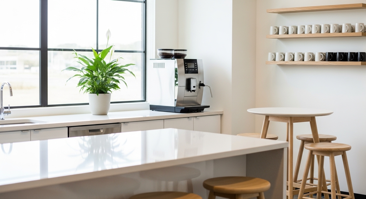 Pantry văn phòng hiện đại, sạch đẹp với máy pha cà phê, cây phát tài và bàn ghế gỗ sáng dưới ánh sáng tự nhiên, minh họa cách bố trí phòng làm việc tại cơ quan phong thủy tạo không gian thoải mái. Pantry văn phòng hiện đại, sạch đẹp với máy pha cà phê, cây phát tài và bàn ghế gỗ sáng dưới ánh sáng tự nhiên, minh họa cách bố trí phòng làm việc tại cơ quan phong thủy tạo không gian thoải mái.