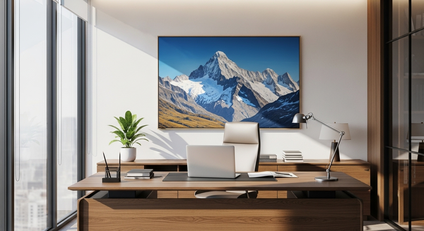 Văn phòng giám đốc hiện đại, ngập tràn ánh sáng tự nhiên, với bàn làm việc gỗ sang trọng và tranh núi non vững chãi phía sau, thể hiện bố trí bàn làm việc giám đốc theo phong thủy mang lại sự ổn định.