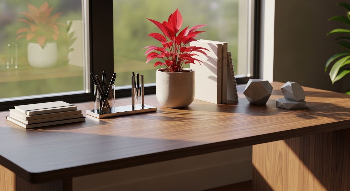 Bàn làm việc hình chữ nhật màu nâu đất với cây cảnh lá đỏ và phụ kiện văn phòng, tạo không gian Phong thủy bàn làm việc người mệnh Thổ hài hòa dưới ánh sáng tự nhiên.