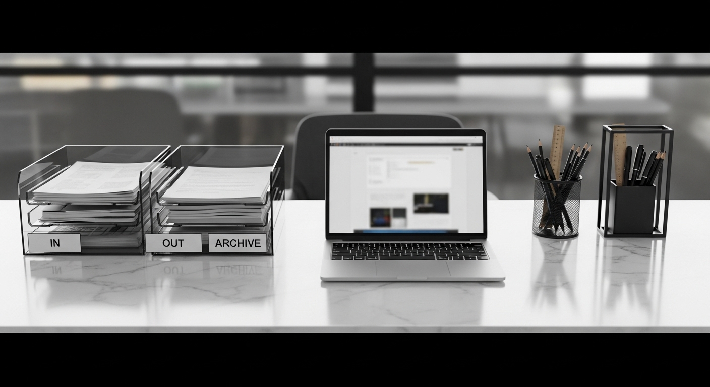 Bàn làm việc văn phòng gọn gàng, ngăn nắp với laptop trung tâm và tài liệu sắp xếp khoa học, minh họa tầm quan trọng của việc chọn chỗ ngồi làm việc theo phong thủy.